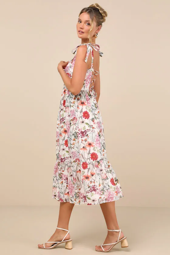 Cecily Ivory Floral Ruffled Tie-Strap Midi Dress sold by Lulus product image thumbnail 2