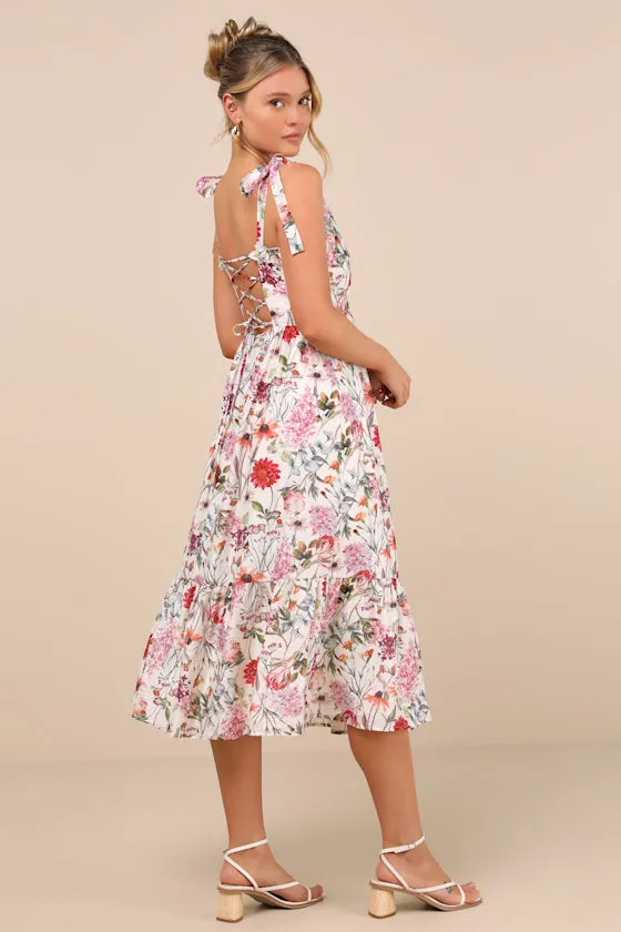 Cecily Ivory Floral Ruffled Tie-Strap Midi Dress sold by Lulus product image thumbnail 3