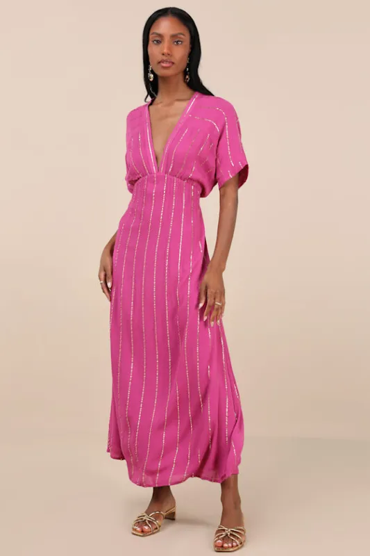 Goddess Vibes Magenta Gold Striped Dolman Sleeve Maxi Dress sold by Lulus