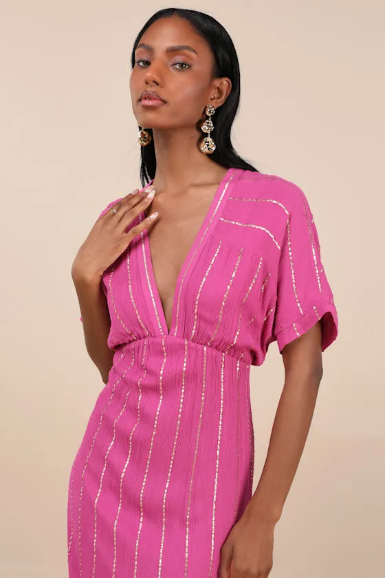 Goddess Vibes Magenta Gold Striped Dolman Sleeve Maxi Dress sold by Lulus product image thumbnail 2