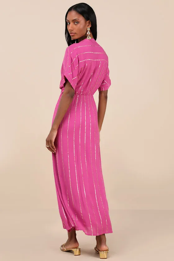 Goddess Vibes Magenta Gold Striped Dolman Sleeve Maxi Dress sold by Lulus product image thumbnail 3