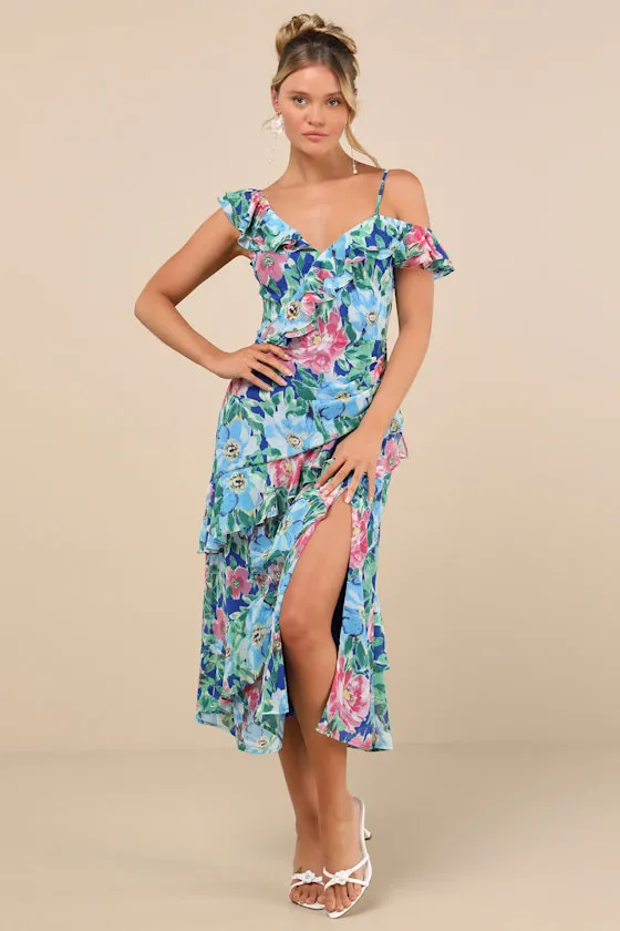 Cosima Blue Floral Asymmetrical Midi Dress sold by Lulus
