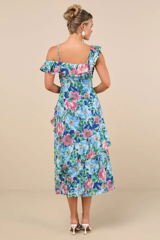 Cosima Blue Floral Asymmetrical Midi Dress sold by Lulus product image thumbnail 2