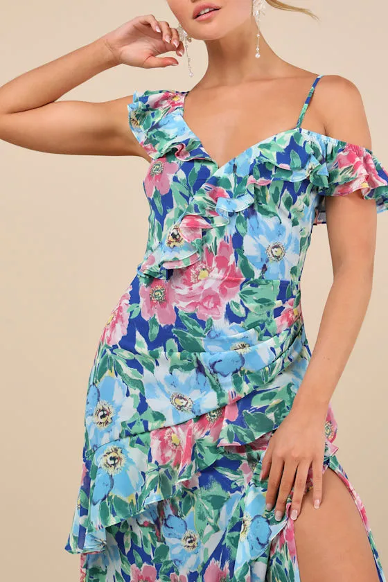 Cosima Blue Floral Asymmetrical Midi Dress sold by Lulus product image thumbnail 4