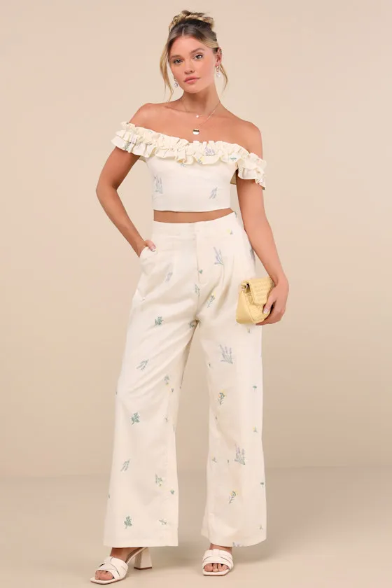 Rowena Cream Embroidered Wide-Leg Pants sold by Lulus