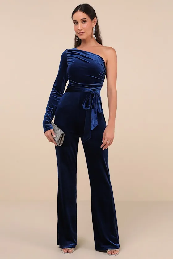 Extraordinary Vibe Navy Blue Velvet One-Shoulder Jumpsuit sold by Lulus