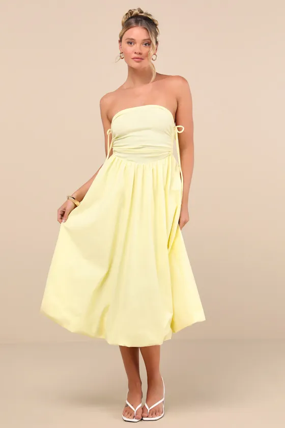 Chrissa Light Yellow Strapless Drawstring Midi Dress sold by Lulus product image thumbnail 2
