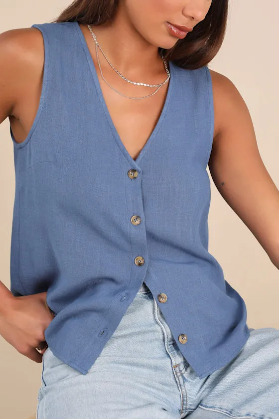 Casually Sophisticated Blue Linen Button-Front Top sold by Lulus product image thumbnail 4