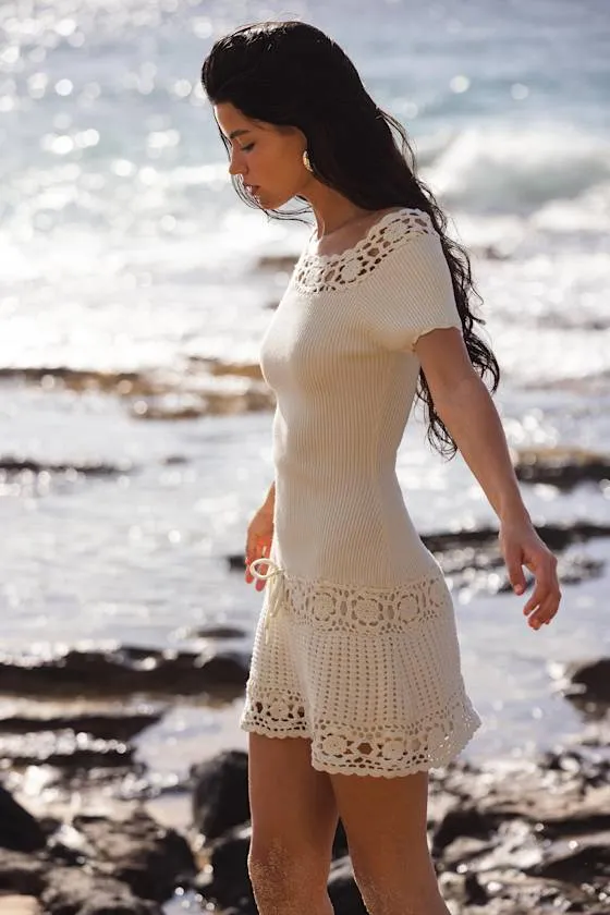 Libra Cream Ribbed Crochet Drop Waist Mini Dress sold by Lulus product image thumbnail 2
