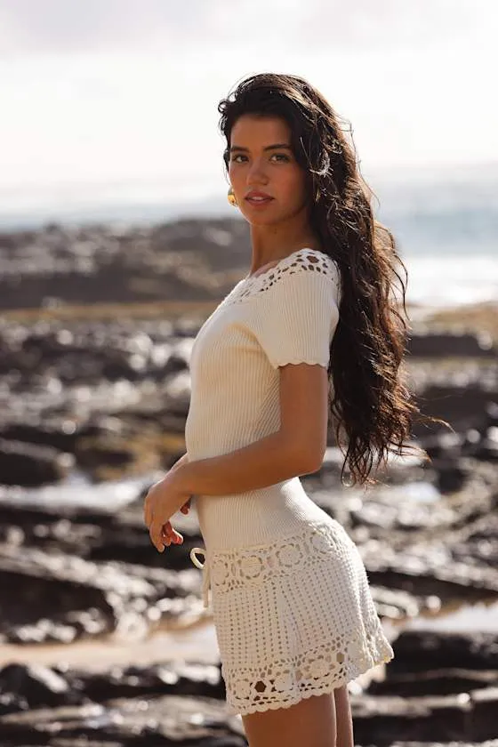 Libra Cream Ribbed Crochet Drop Waist Mini Dress sold by Lulus product image thumbnail 3