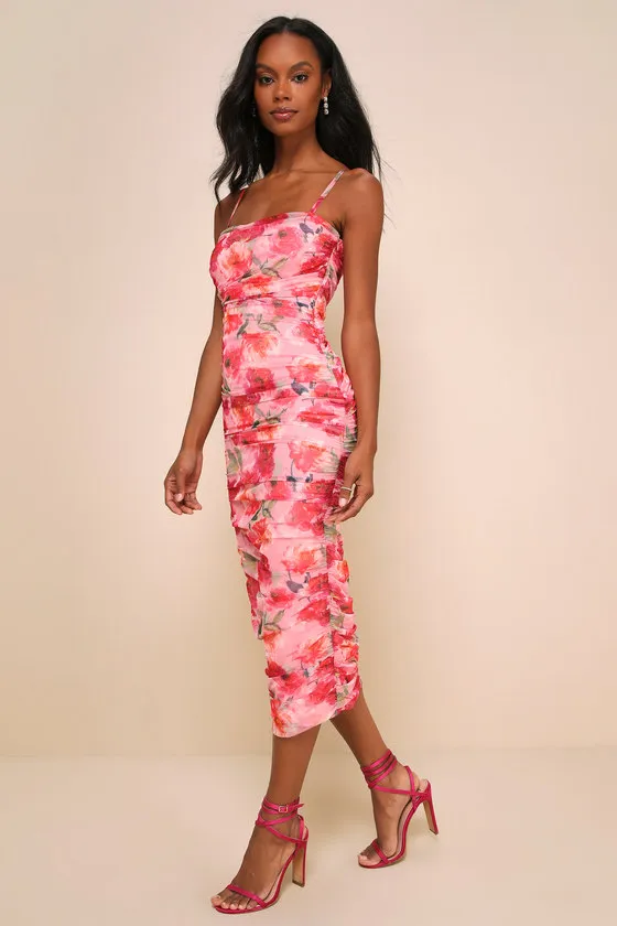Blossoming Excellence Pink Floral Mesh Ruched Midi Dress sold by Lulus