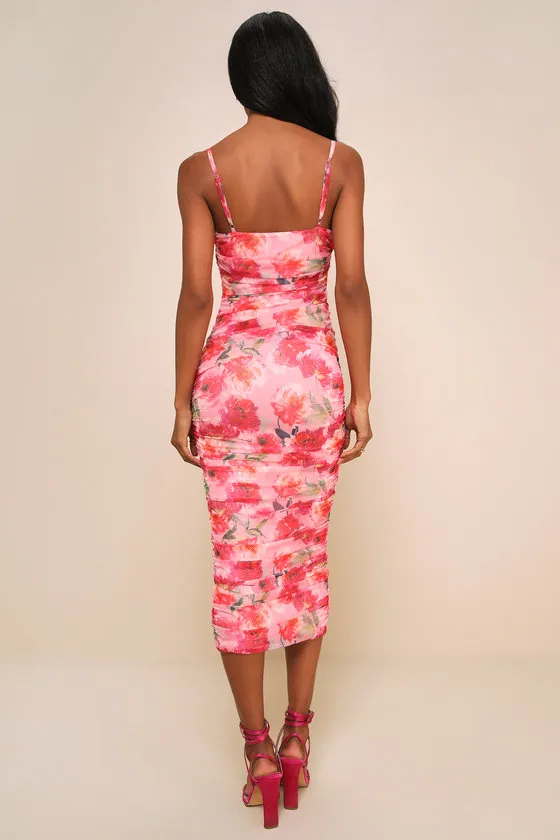 Blossoming Excellence Pink Floral Mesh Ruched Midi Dress sold by Lulus product image thumbnail 4