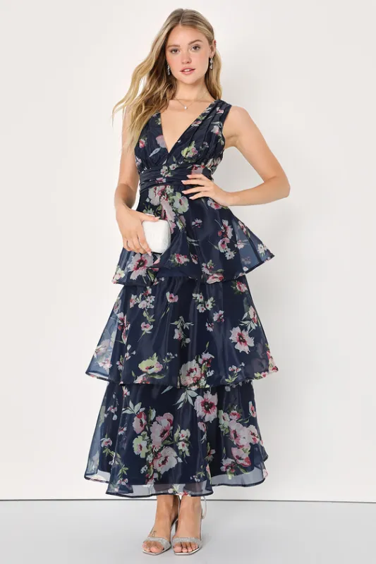 Molinetto Navy Blue Floral Organza Ruffled Tiered Maxi Dress made by Lulus