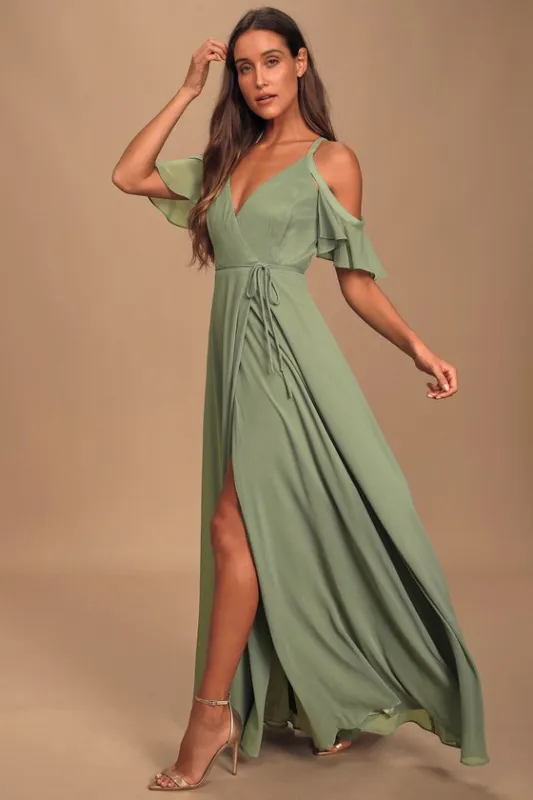 Easy Listening Sage Green Cold-Shoulder Wrap Maxi Dress made by Lulus