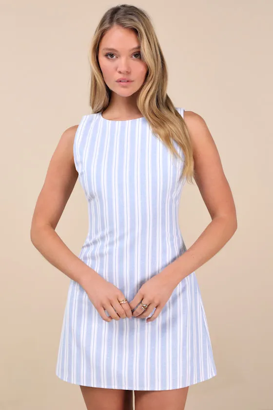 Alyvia Blue and White Striped Sleeveless Mini Dress sold by Lulus