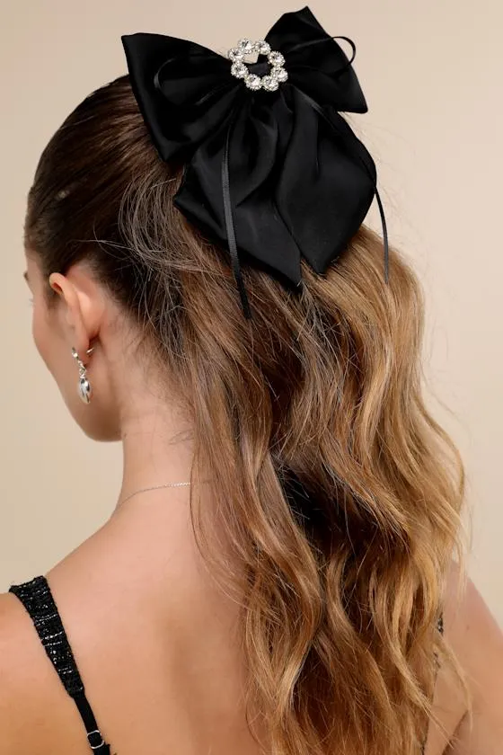 Precious Decadence Black Satin Rhinestone Bow Hair Clip sold by Lulus