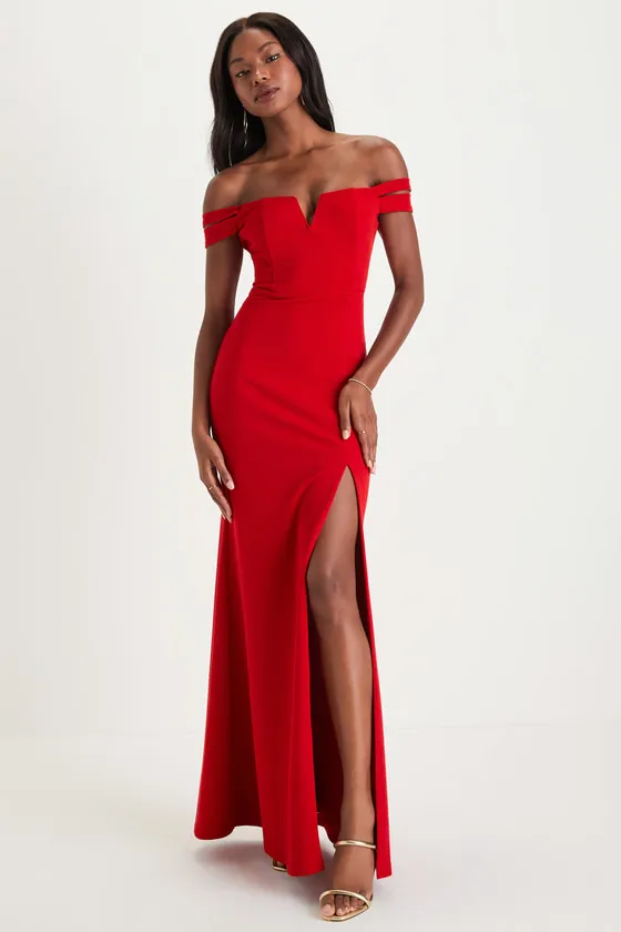 Alluring Vision Red Notched Off-The-Shoulder Maxi Dress sold by Lulus