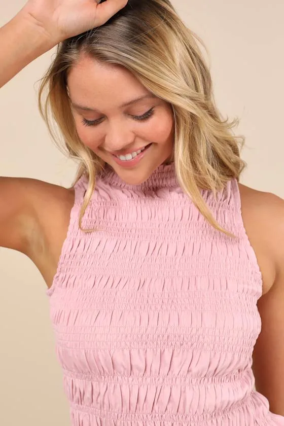 Rebekka Pink Smocked Mock Neck Peplum Sleeveless Top sold by Lulus product image thumbnail 4