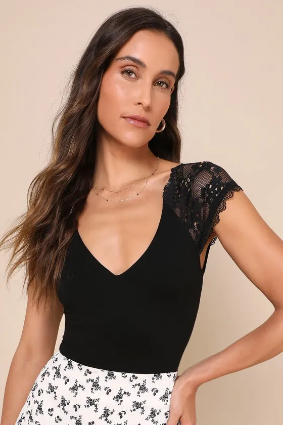 Gorgeous Inclination Black Lace Cap Sleeve V-Neck Bodysuit sold by Lulus