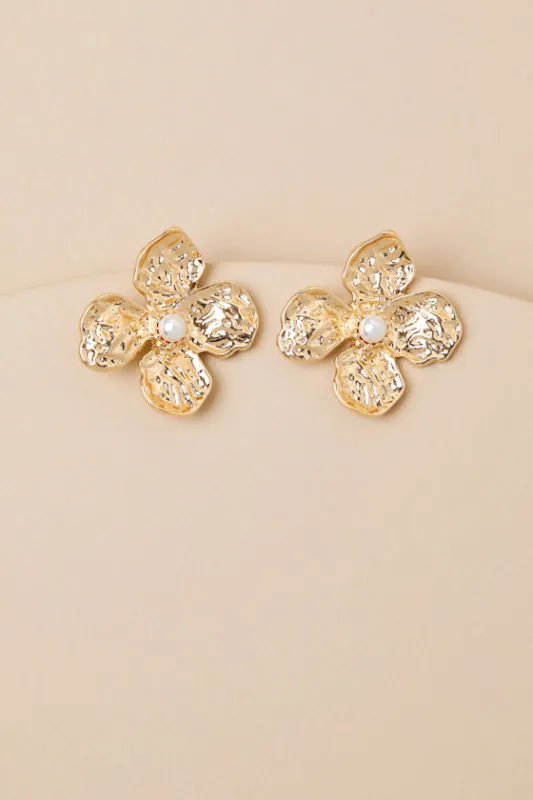 Jazzielle Gold Pearl Hammered Flower Earrings sold by Lulus