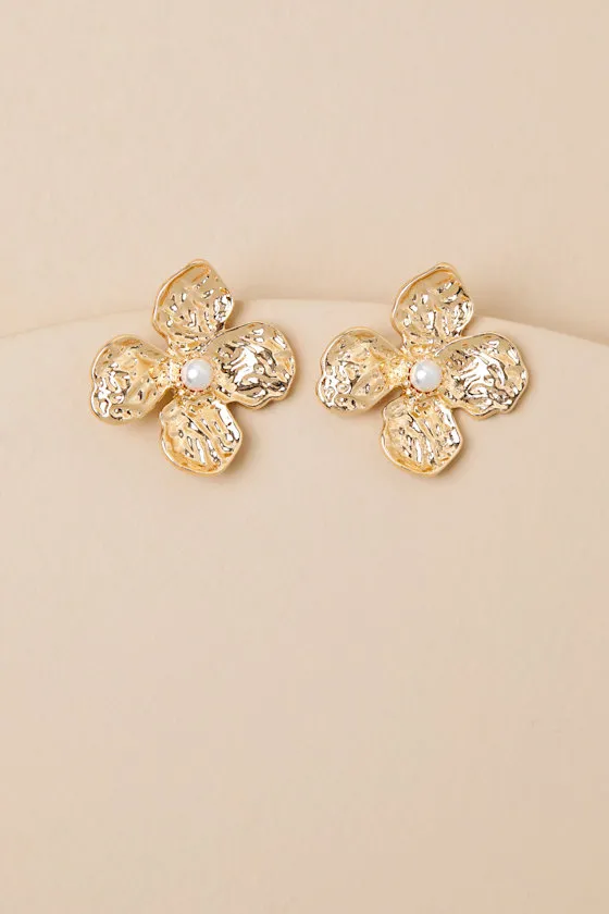 Jazzielle Gold Pearl Hammered Flower Earrings sold by Lulus