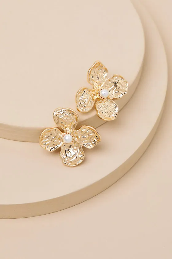 Jazzielle Gold Pearl Hammered Flower Earrings sold by Lulus product image thumbnail 2