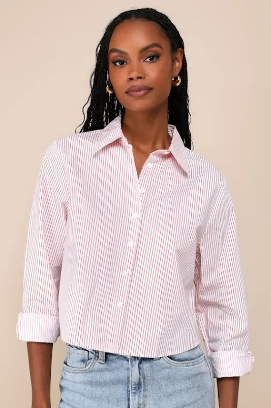 Coordinated Crush Ivory and Red Striped Collared Button-Up Top sold by Lulus