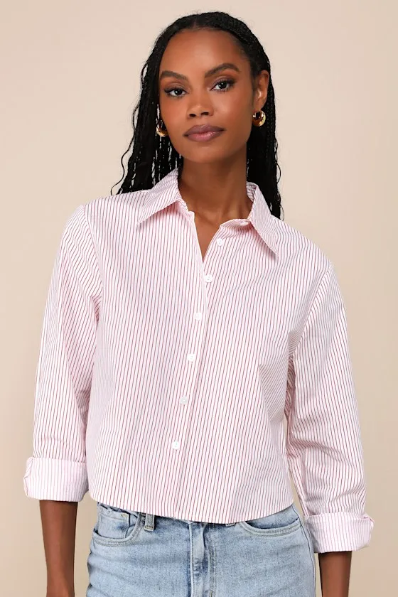 Coordinated Crush Ivory and Red Striped Collared Button-Up Top sold by Lulus