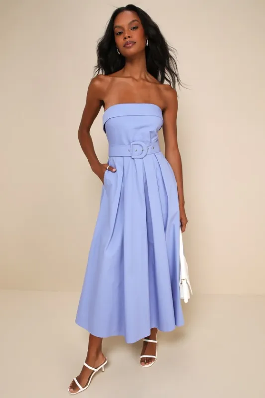 Trendsetting Choice Periwinkle Strapless Midi Dress With Pockets sold by Lulus