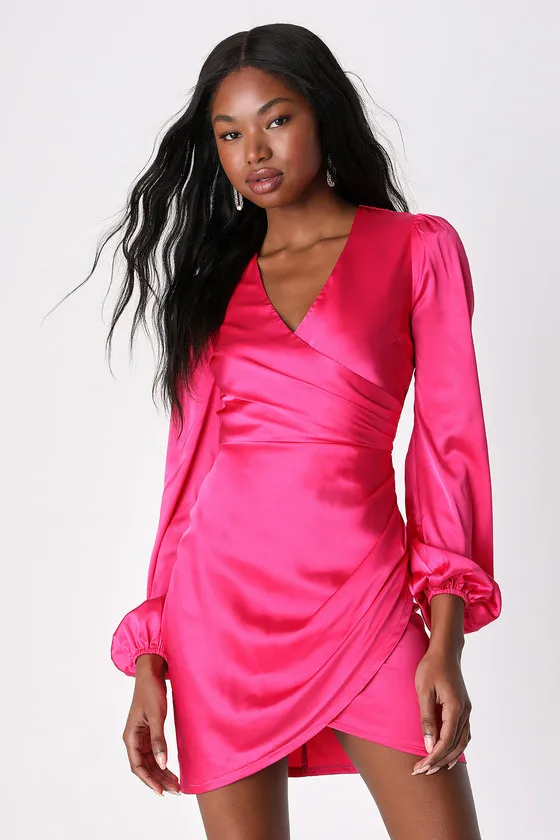 Late Night Rendezvous Hot Pink Satin Long Sleeve Dress sold by Lulus
