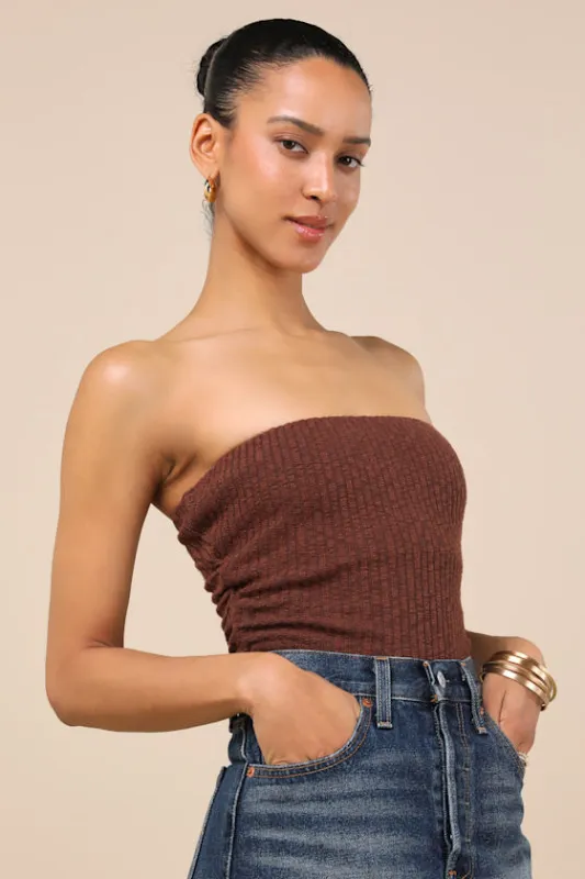 Lautaro Brown Ribbed Strapless Crop Top sold by Lulus