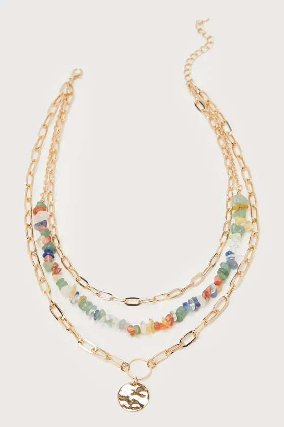 Radiant Achievement Gold Multi Stone Layered Chain Necklace sold by Lulus