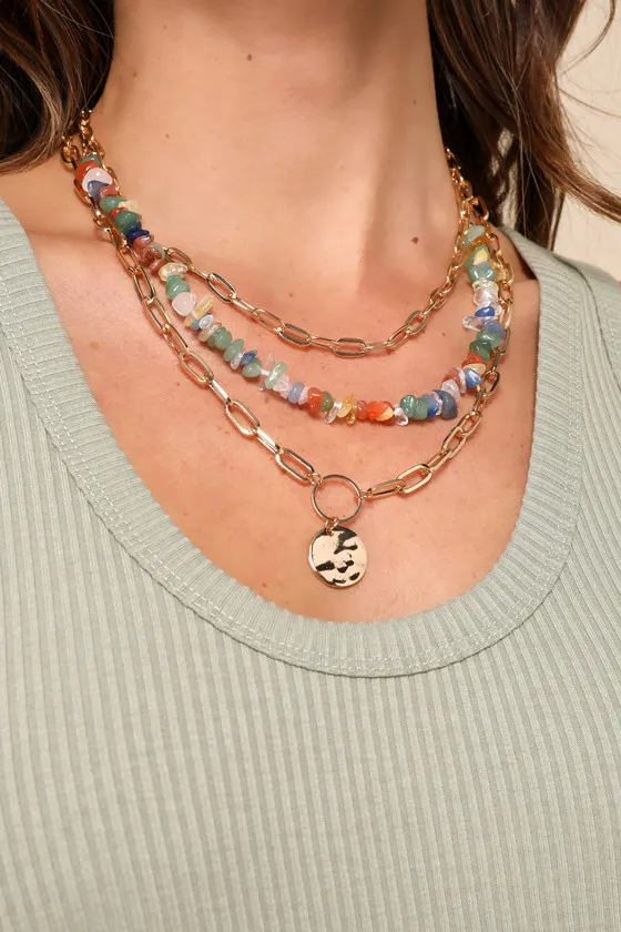 Radiant Achievement Gold Multi Stone Layered Chain Necklace sold by Lulus product image thumbnail 3