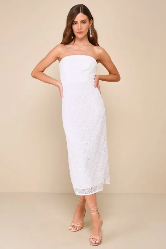 Chic Intent White Crochet Textured Strapless Midi Dress sold by Lulus