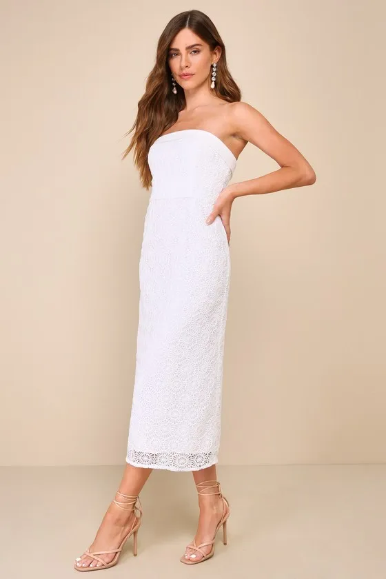 Chic Intent White Crochet Textured Strapless Midi Dress sold by Lulus product image thumbnail 2