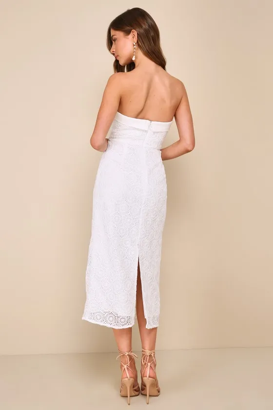 Chic Intent White Crochet Textured Strapless Midi Dress sold by Lulus product image thumbnail 3