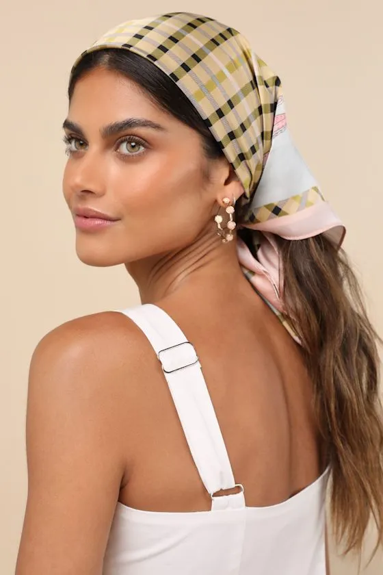 Marleena Yellow Multi Plaid Satin Scarf sold by Lulus