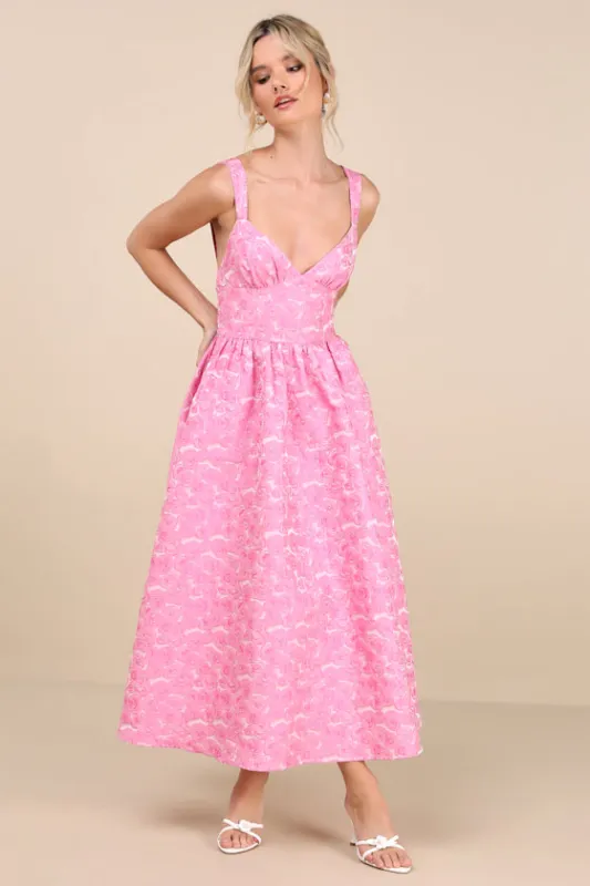 Rudra Pink Floral Jacquard A-Line Backless Midi Dress sold by Lulus