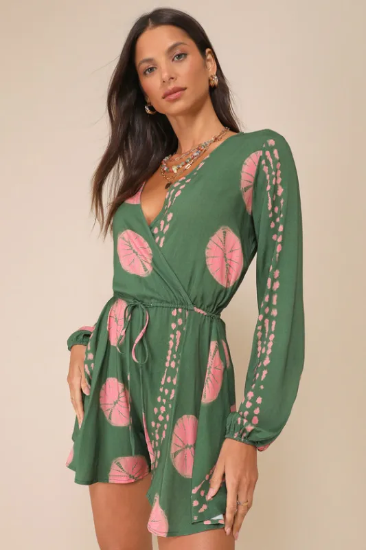 Adventuresome Dark Green Tie-Dye Long Sleeve Romper sold by Lulus