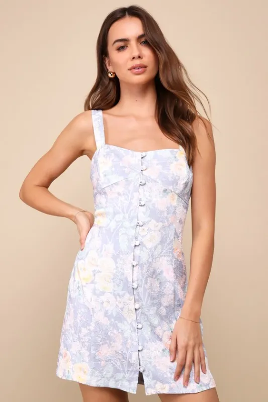 Ready to Flirt Blue Floral Embossed Button-Front Mini Dress sold by Lulus