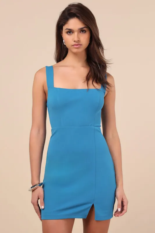 Social Sensation Blue Square Neck Mini Bodycon Dress sold by Lulus