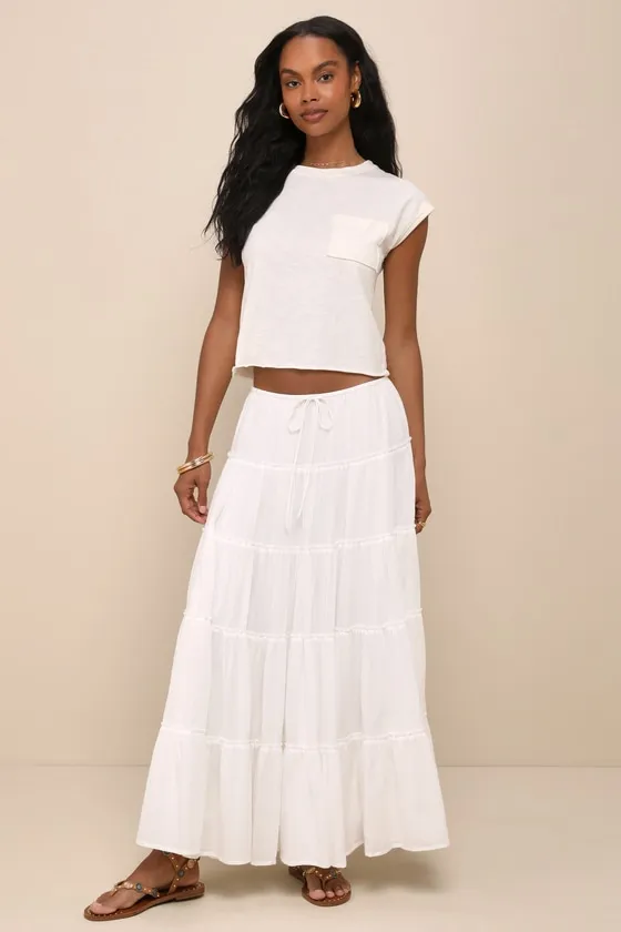 Relaxed Charm White Gauzy Tiered Drawstring Maxi Skirt sold by Lulus product image thumbnail 2