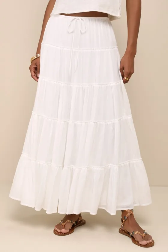 Relaxed Charm White Gauzy Tiered Drawstring Maxi Skirt sold by Lulus product image thumbnail 3