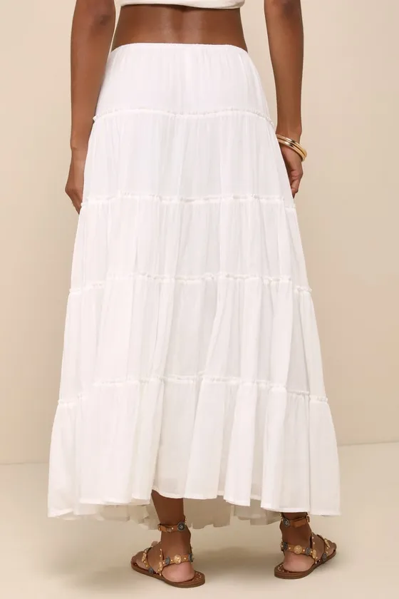 Relaxed Charm White Gauzy Tiered Drawstring Maxi Skirt sold by Lulus product image thumbnail 4