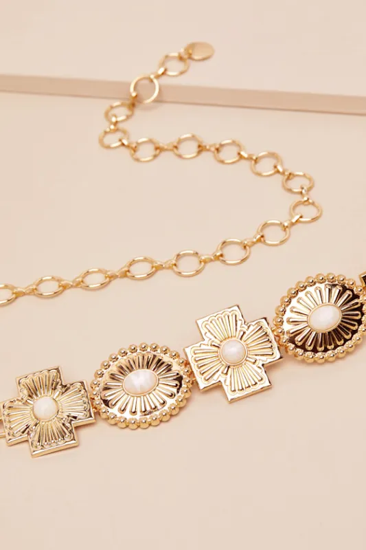 Adabelle Gold Etched Concho Belt sold by Lulus
