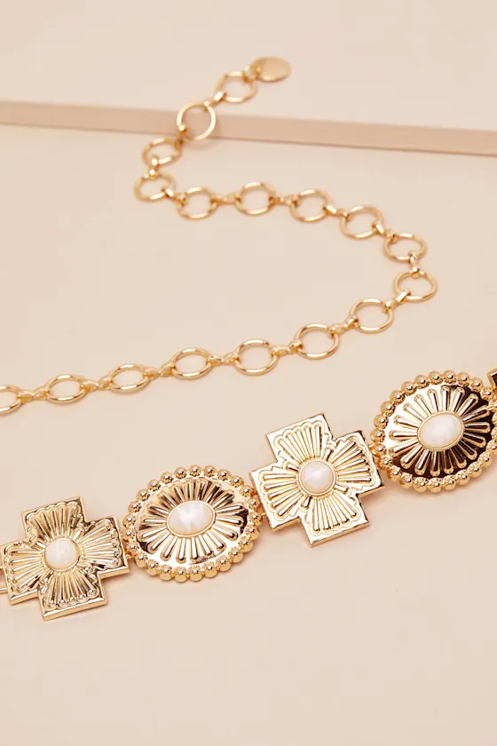 Adabelle Gold Etched Concho Belt sold by Lulus