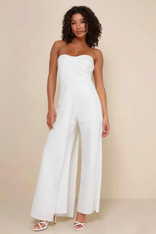 Angelic Elegance White Pleated Strapless Overlay Jumpsuit sold by Lulus