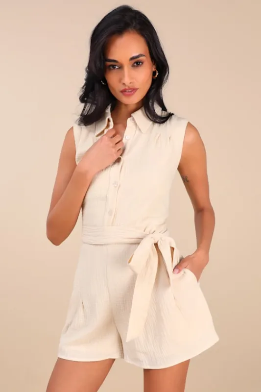 Corbett Beige Gauzy Collared Belted Sleeveless Romper sold by Lulus