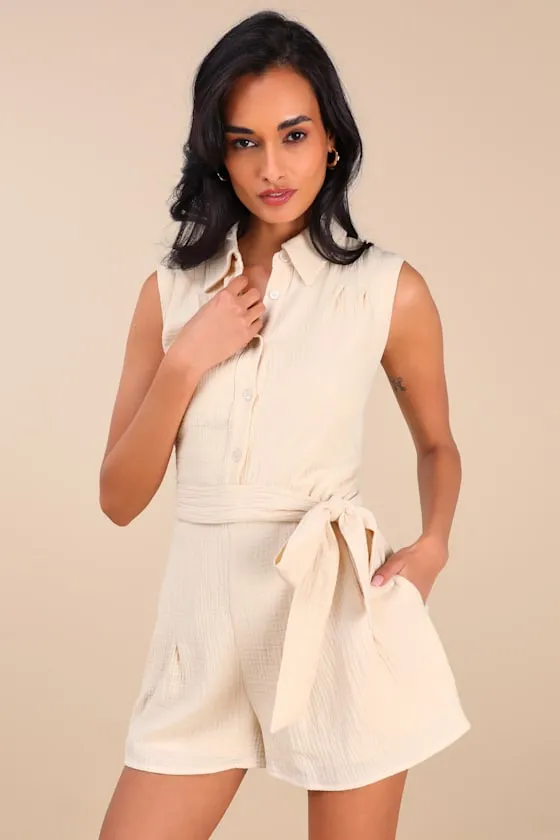 Corbett Beige Gauzy Collared Belted Sleeveless Romper sold by Lulus