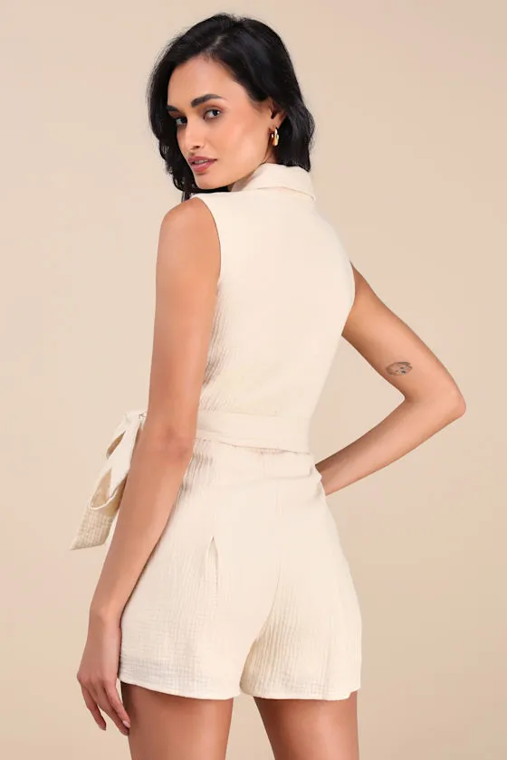 Corbett Beige Gauzy Collared Belted Sleeveless Romper sold by Lulus product image thumbnail 2